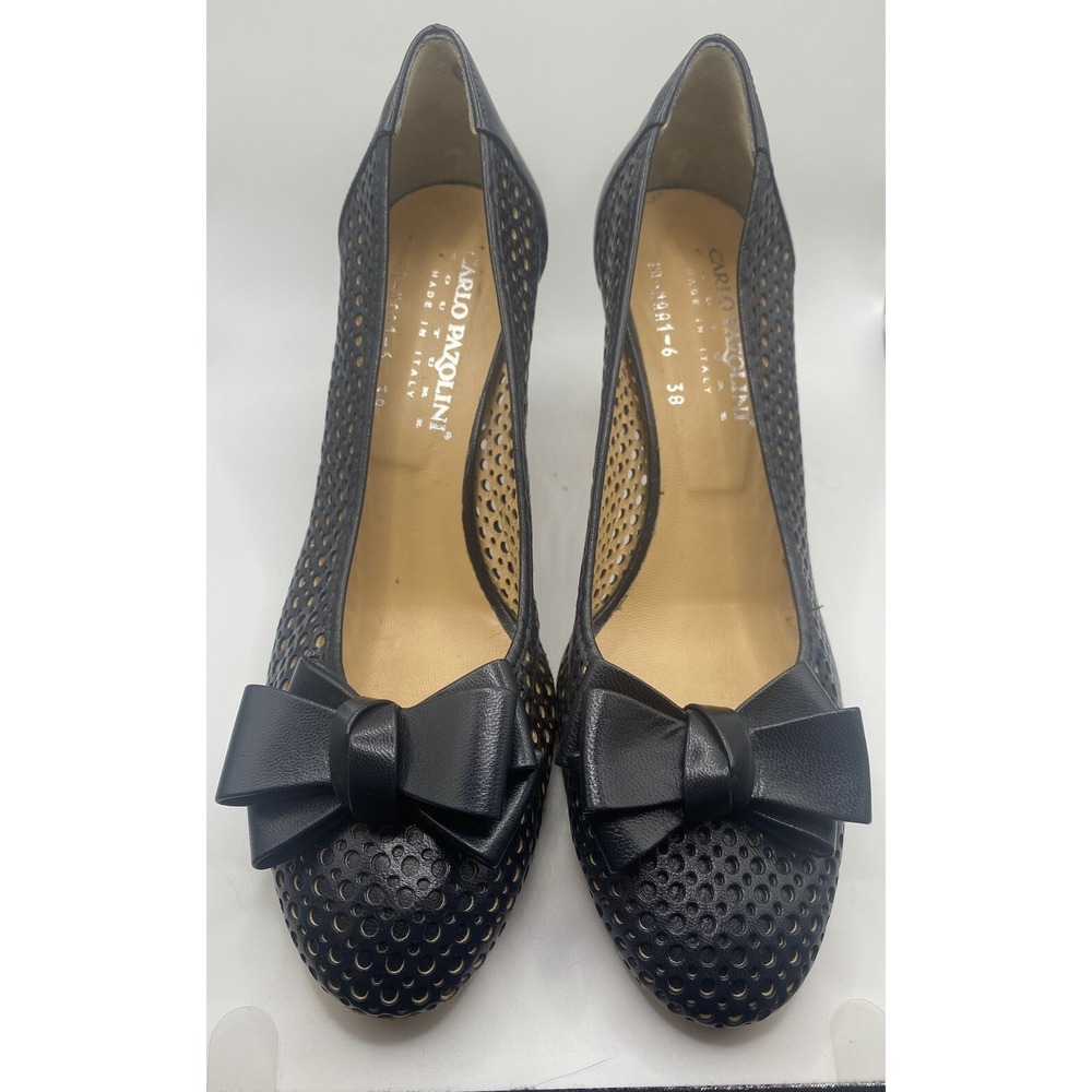 Carlo Pazolini Navy Blue Leather Lattice Bow Heels Pumps Made in Italy Size 7.5